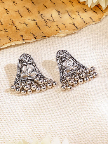 Rubans Oxidized Silver-Plated Floral Motif Statement Choker Necklace Set with Chain Tassels for Women Jewellery Set