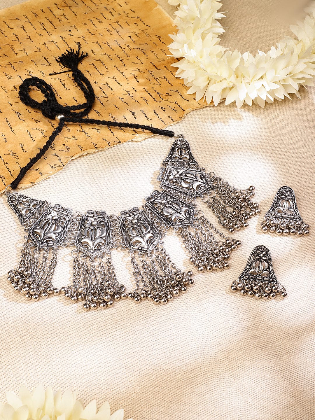 Rubans Oxidized Silver-Plated Floral Motif Statement Choker Necklace Set with Chain Tassels for Women Jewellery Set
