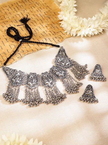 Rubans Oxidized Silver-Plated Floral Motif Statement Choker Necklace Set with Chain Tassels for Women Jewellery Set