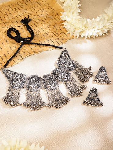 Rubans Oxidized Silver-Plated Floral Motif Statement Choker Necklace Set with Chain Tassels for Women Jewellery Set