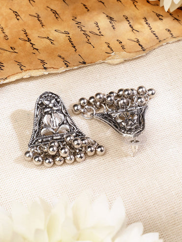 Rubans Oxidized Silver-Plated Floral Motif Statement Choker Necklace Set with Chain Tassels for Women Jewellery Set