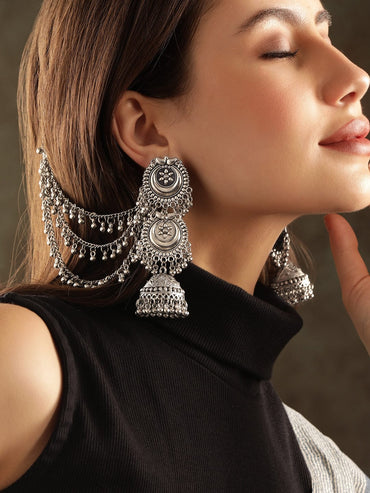 Rubans Oxidized Silver Plated Ghungroo Beaded Dome Jhumka with Triple Layer Hair Chain Jhumka Earrings
