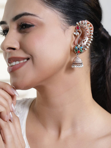 Rubans Oxidized Silver-Plated Gold & Silver Tone Bird Motif with Ruby Red Stone and Pearl Detailing Oversized Earcuff Jhumka Earrings Earrings
