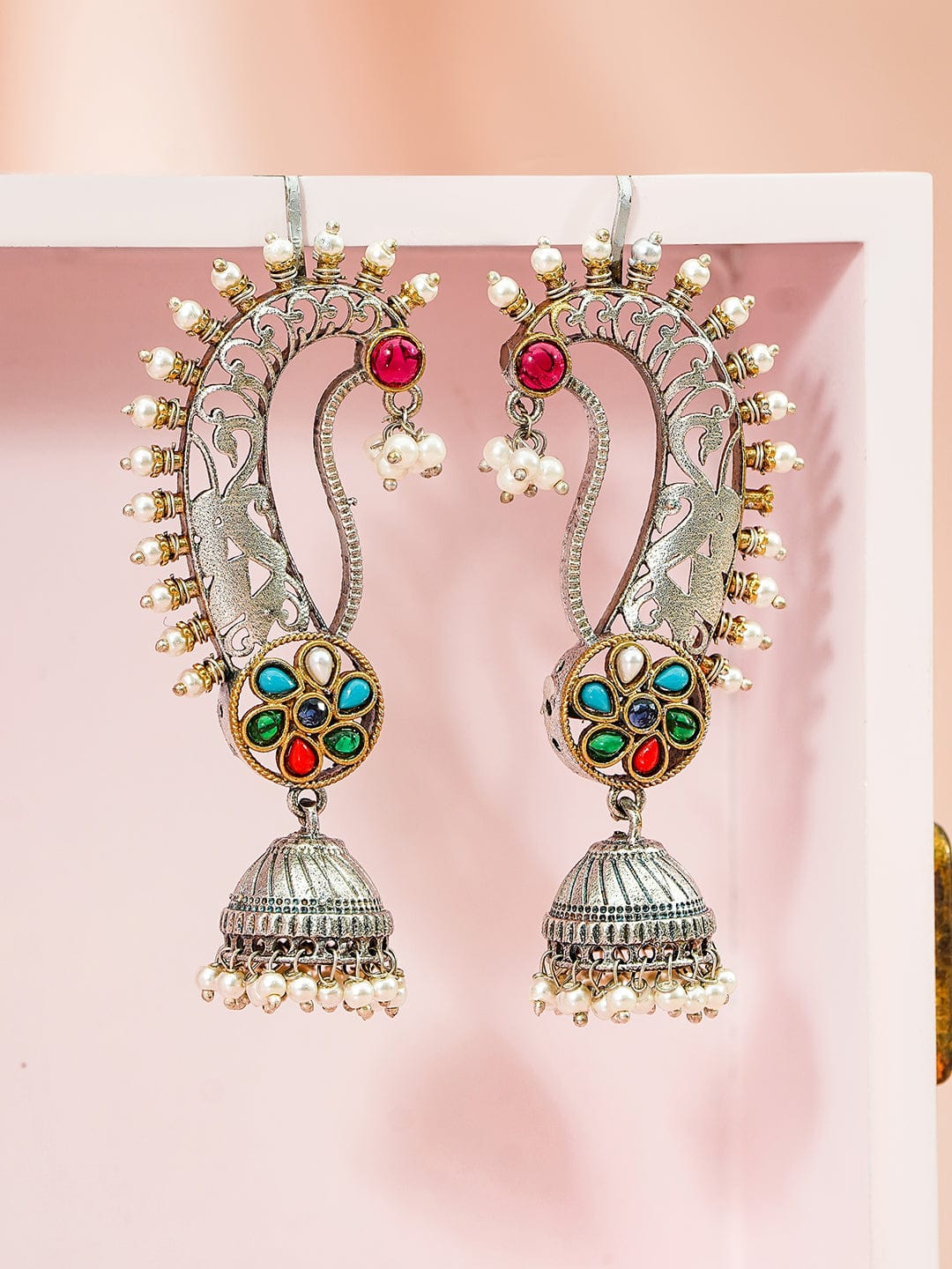 Rubans Oxidized Silver-Plated Gold & Silver Tone Bird Motif with Ruby Red Stone and Pearl Detailing Oversized Earcuff Jhumka Earrings Earrings