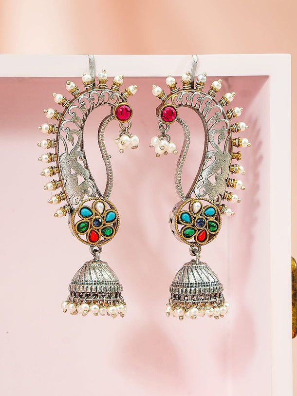 Rubans Oxidized Silver-Plated Gold & Silver Tone Bird Motif with Ruby Red Stone and Pearl Detailing Oversized Earcuff Jhumka Earrings Earrings