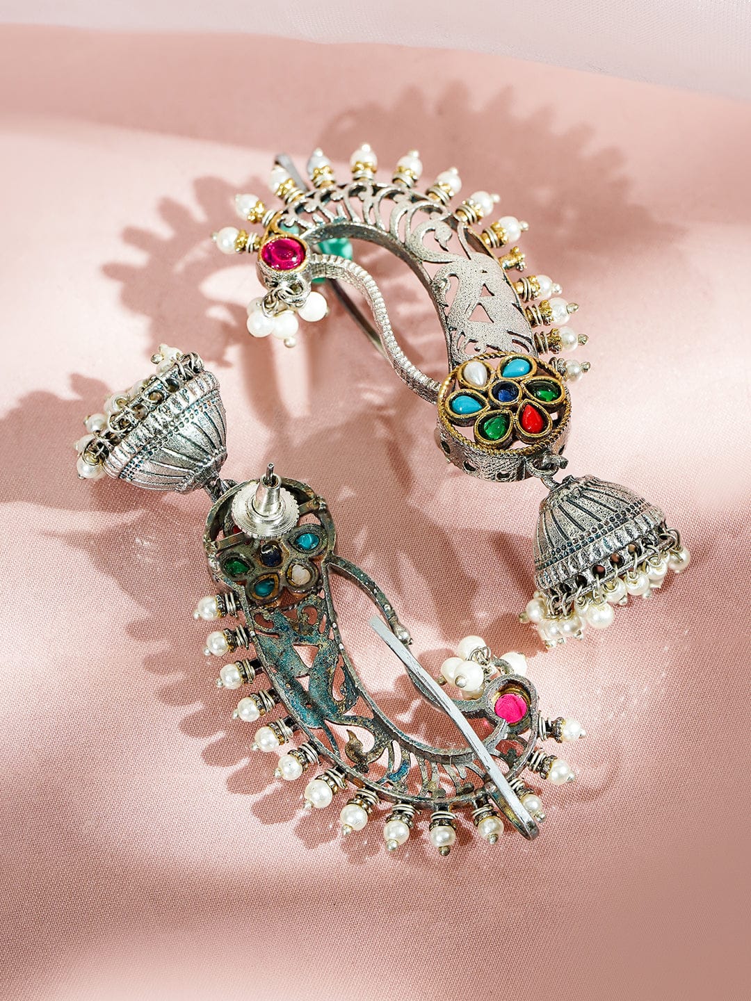 Rubans Oxidized Silver-Plated Gold & Silver Tone Bird Motif with Ruby Red Stone and Pearl Detailing Oversized Earcuff Jhumka Earrings Earrings