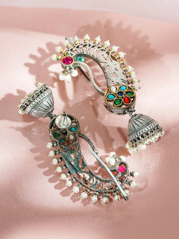 Rubans Oxidized Silver-Plated Gold & Silver Tone Bird Motif with Ruby Red Stone and Pearl Detailing Oversized Earcuff Jhumka Earrings Earrings