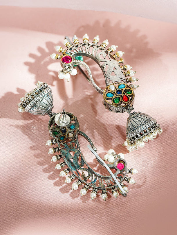 Rubans Oxidized Silver-Plated Gold & Silver Tone Bird Motif with Ruby Red Stone and Pearl Detailing Oversized Earcuff Jhumka Earrings Earrings