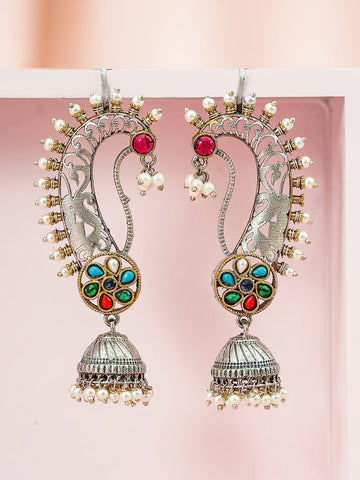 Rubans Oxidized Silver-Plated Gold & Silver Tone Bird Motif with Ruby Red Stone and Pearl Detailing Oversized Earcuff Jhumka Earrings Earrings