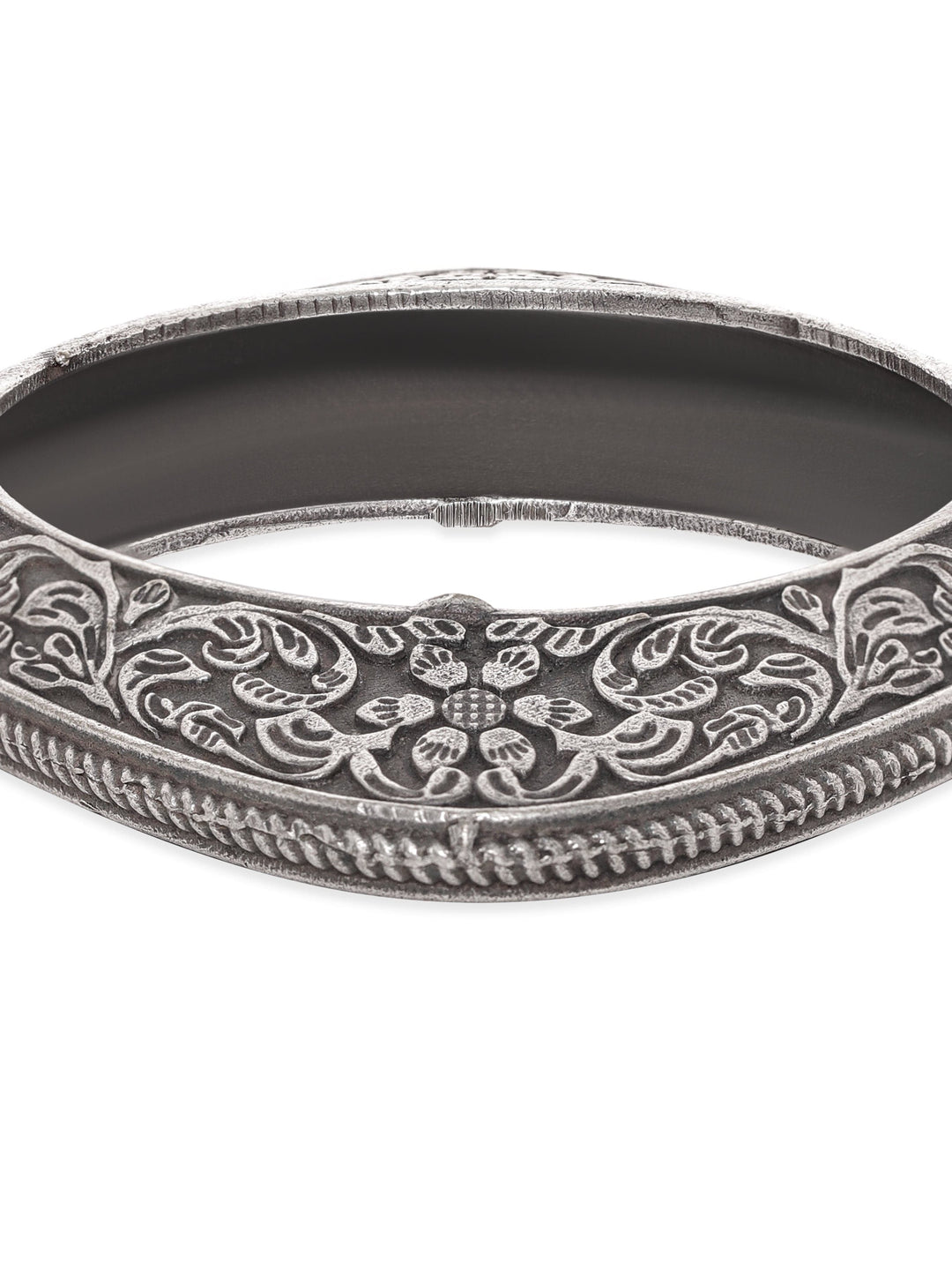 Rubans Oxidized Silver Plated Kada Bracelet with Floral Motif Bangles & Bracelets