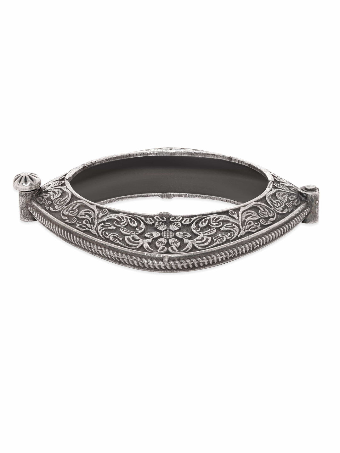 Rubans Oxidized Silver Plated Kada Bracelet with Floral Motif Bangles & Bracelets