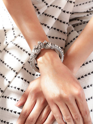 Rubans Oxidized Silver Plated Kada Bracelet with Peacock Motif Bangles & Bracelets