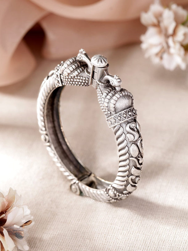 Rubans Oxidized Silver Plated Kada Bracelet with Peacock Motif Bangles & Bracelets