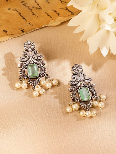 Rubans Oxidized Silver-Plated Mint Green Stone Studded Pearl Beaded Necklace Set Jewellery Set