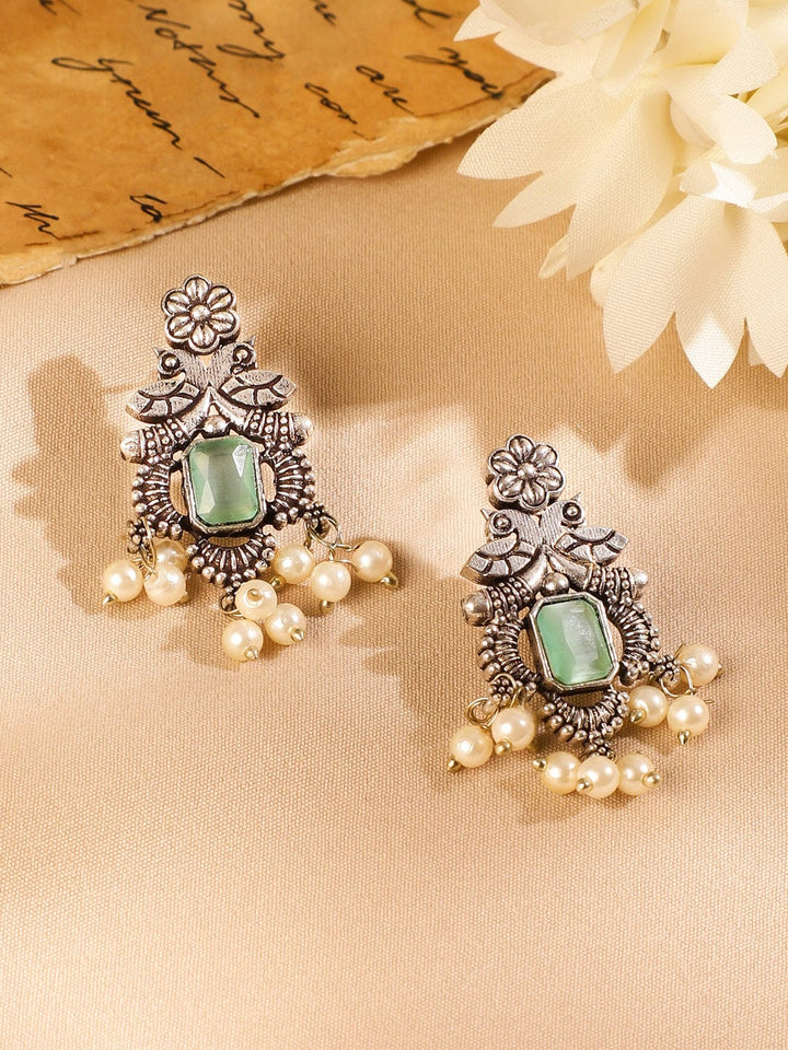 Rubans Oxidized Silver-Plated Mint Green Stone Studded Pearl Beaded Necklace Set Jewellery Set