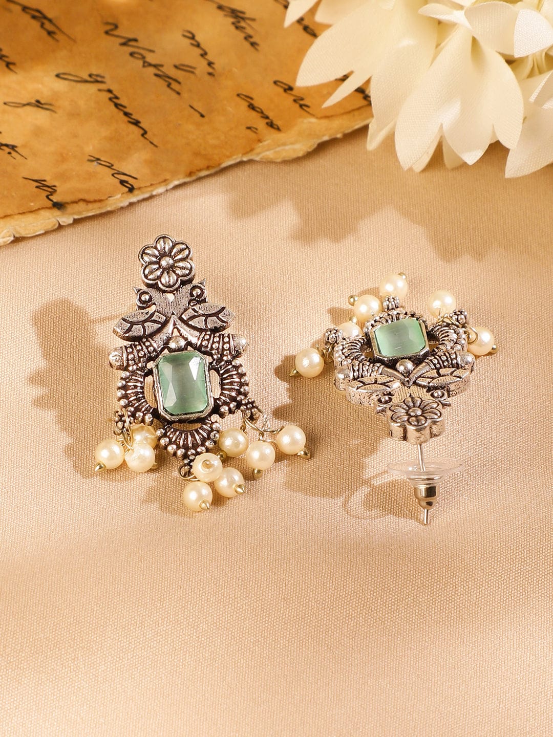 Rubans Oxidized Silver-Plated Mint Green Stone Studded Pearl Beaded Necklace Set Jewellery Set