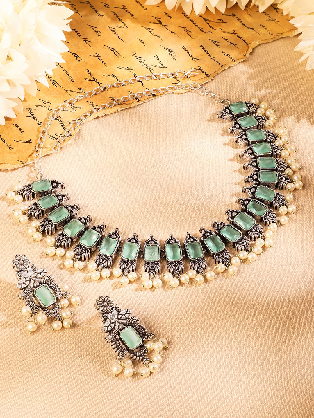 Rubans Oxidized Silver-Plated Mint Green Stone Studded Pearl Beaded Necklace Set Jewellery Set