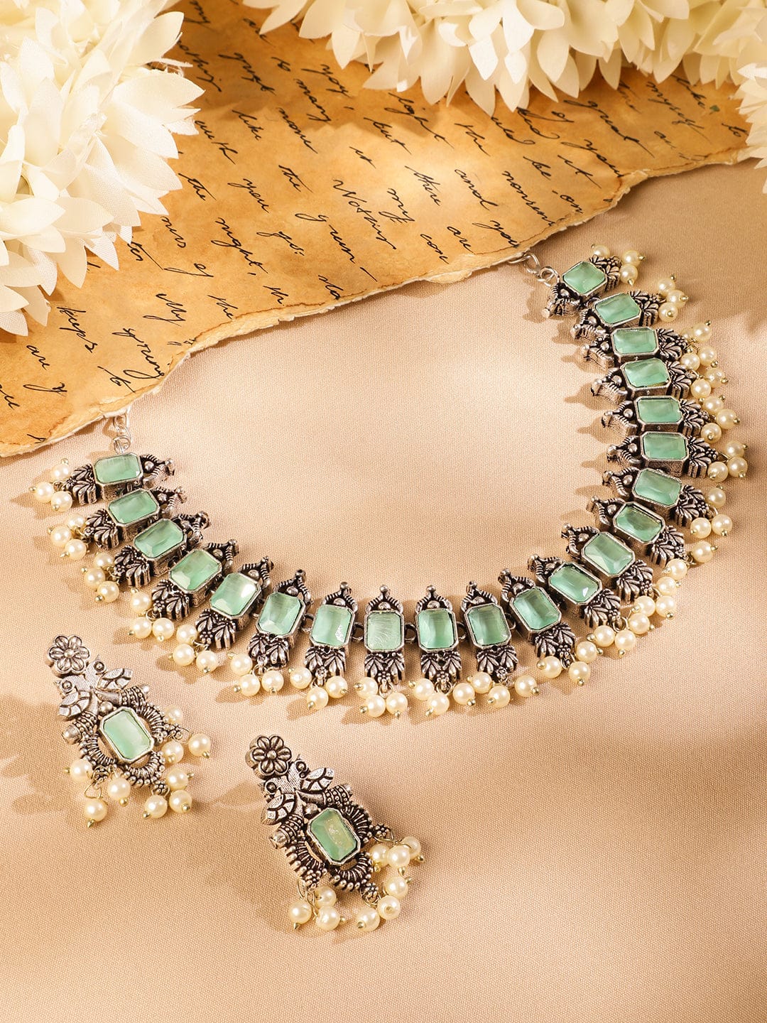 Rubans Oxidized Silver-Plated Mint Green Stone Studded Pearl Beaded Necklace Set Jewellery Set