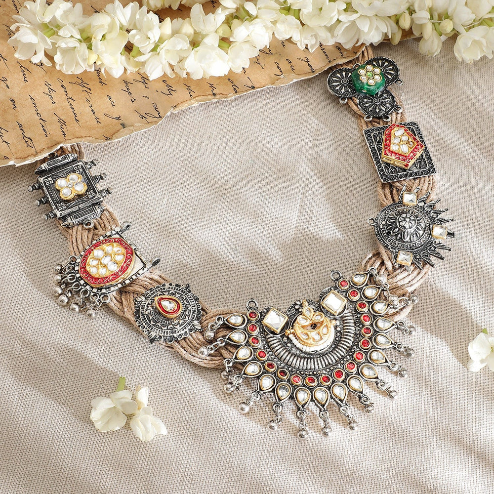 Rubans Oxidized Silver-Plated Multicolor Bold  Statement Necklace with Threaded Detailing Necklaces, Necklace Sets, Chains & Mangalsutra