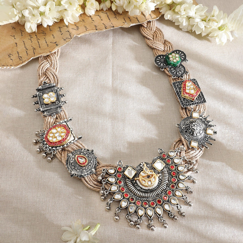 Rubans Oxidized Silver-Plated Multicolor Bold  Statement Necklace with Threaded Detailing Necklaces, Necklace Sets, Chains & Mangalsutra