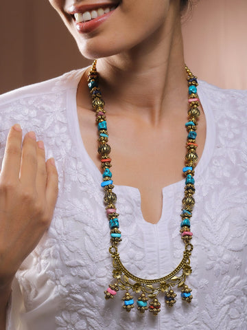 Rubans Oxidized Silver-Plated Multicolor Carved Beads Bohemian Necklace with Crescent Pendant Necklace and Chains