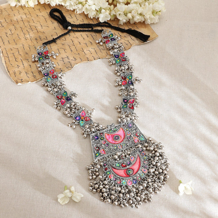 Rubans Oxidized Silver-Plated Multicolor Enamel Crescent Motif & Silver Beads Necklace Necklaces, Necklace Sets, Chains & Mangalsutra