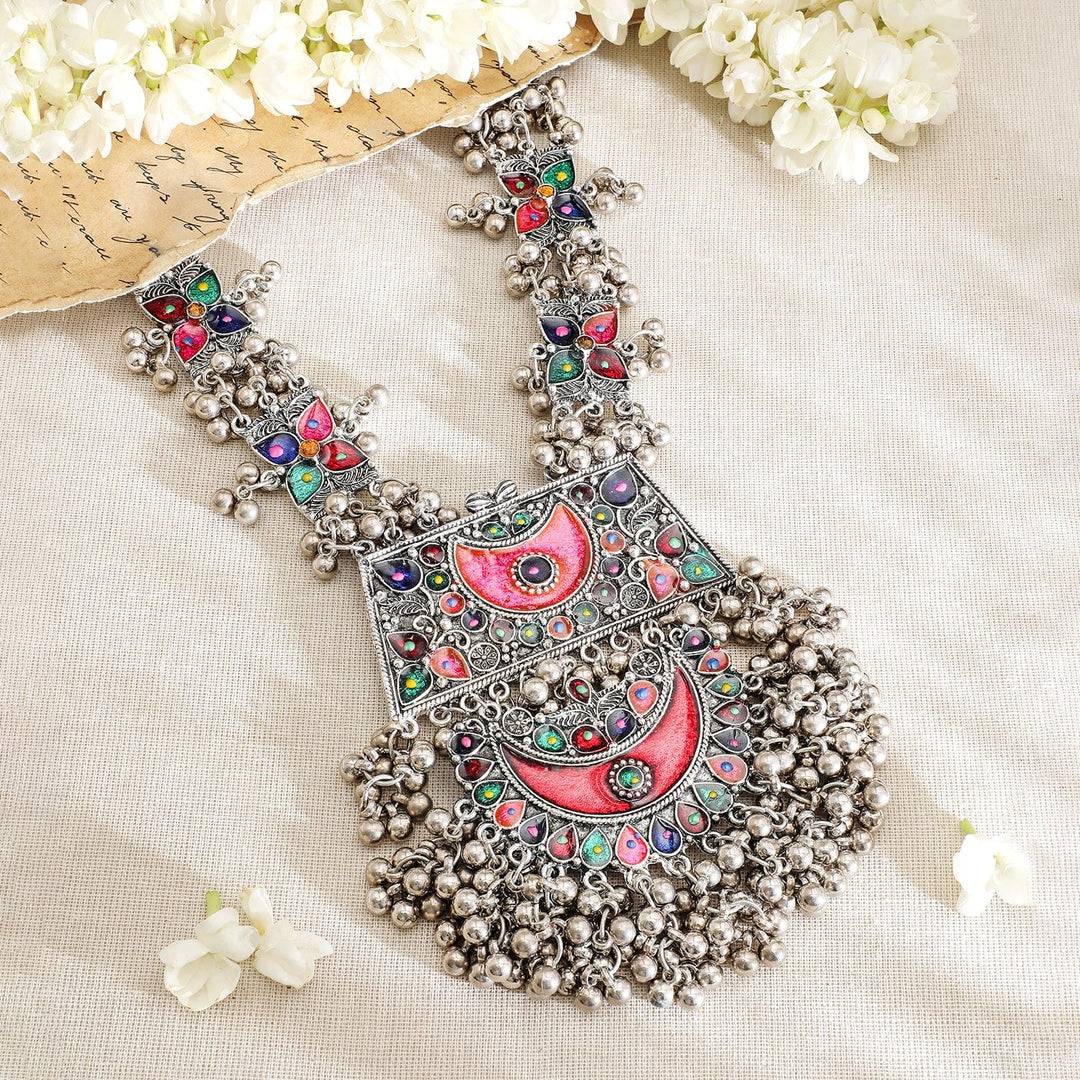 Rubans Oxidized Silver-Plated Multicolor Enamel Crescent Motif & Silver Beads Necklace Necklaces, Necklace Sets, Chains & Mangalsutra