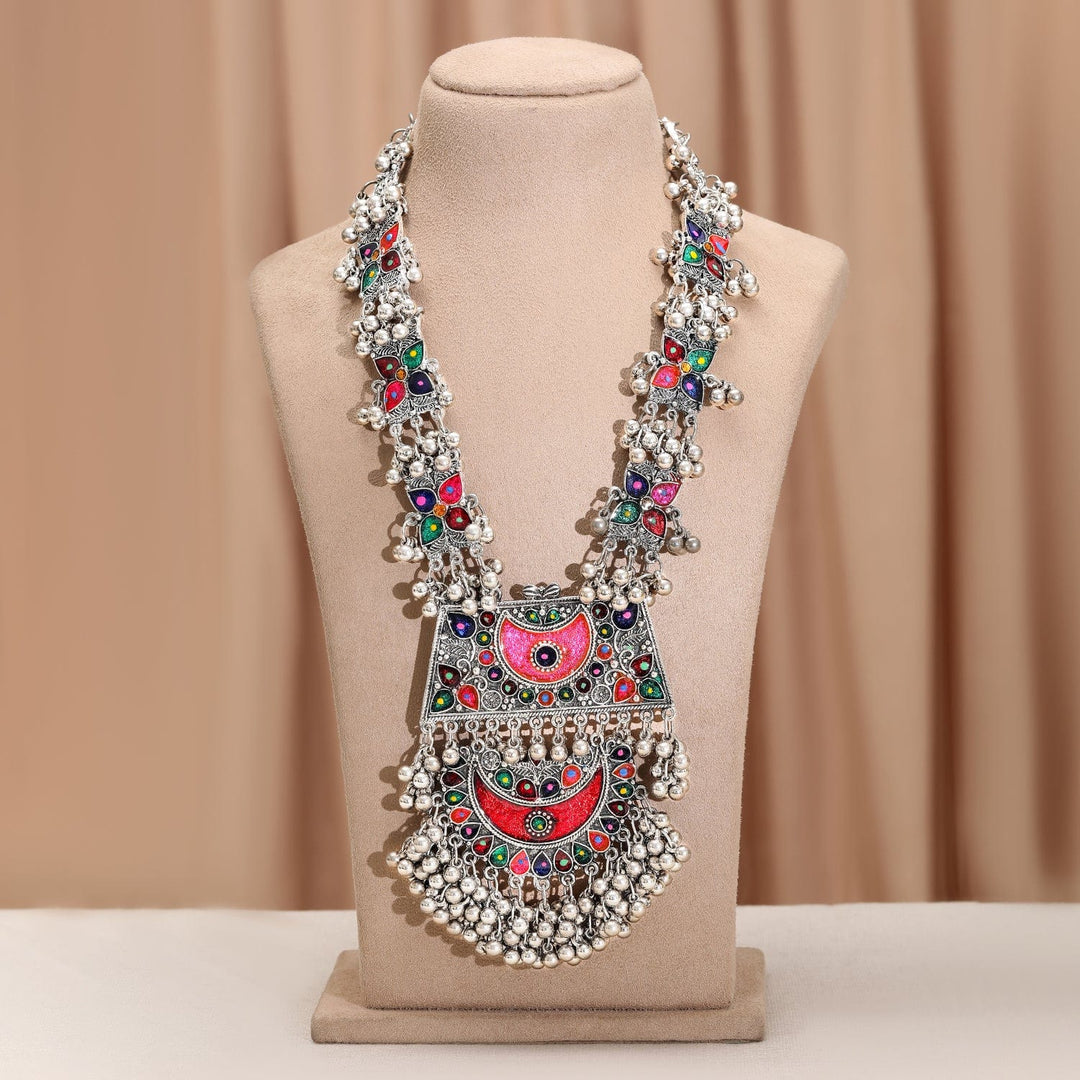 Rubans Oxidized Silver-Plated Multicolor Enamel Crescent Motif & Silver Beads Necklace Necklaces, Necklace Sets, Chains & Mangalsutra