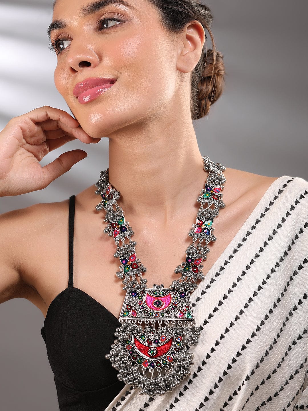 Rubans Oxidized Silver-Plated Multicolor Enamel Crescent Motif & Silver Beads Necklace Necklaces, Necklace Sets, Chains & Mangalsutra