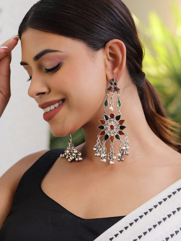 Rubans Oxidized Silver-Plated Multicolor Enamel & Ghungroo Statement Chandelier Earrings Chandelier Earrings