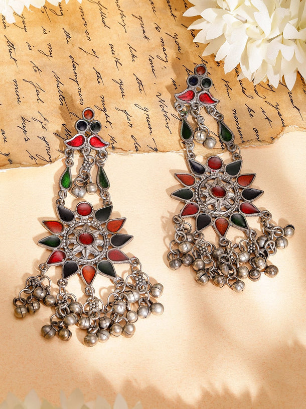 Rubans Oxidized Silver-Plated Multicolor Enamel & Ghungroo Statement Chandelier Earrings Earrings