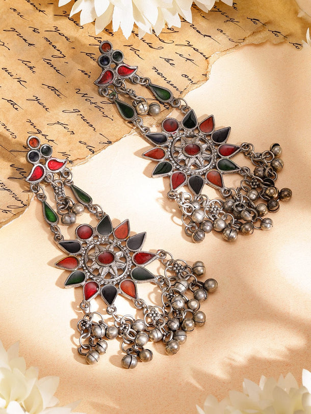 Rubans Oxidized Silver-Plated Multicolor Enamel & Ghungroo Statement Chandelier Earrings Earrings