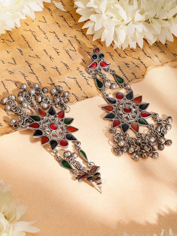 Rubans Oxidized Silver-Plated Multicolor Enamel & Ghungroo Statement Chandelier Earrings Earrings