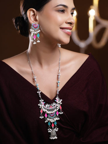 Rubans Oxidized Silver-Plated Multicolor Enamel & Pearl Beaded Dangling Necklace Set Necklaces, Necklace Sets, Chains & Mangalsutra