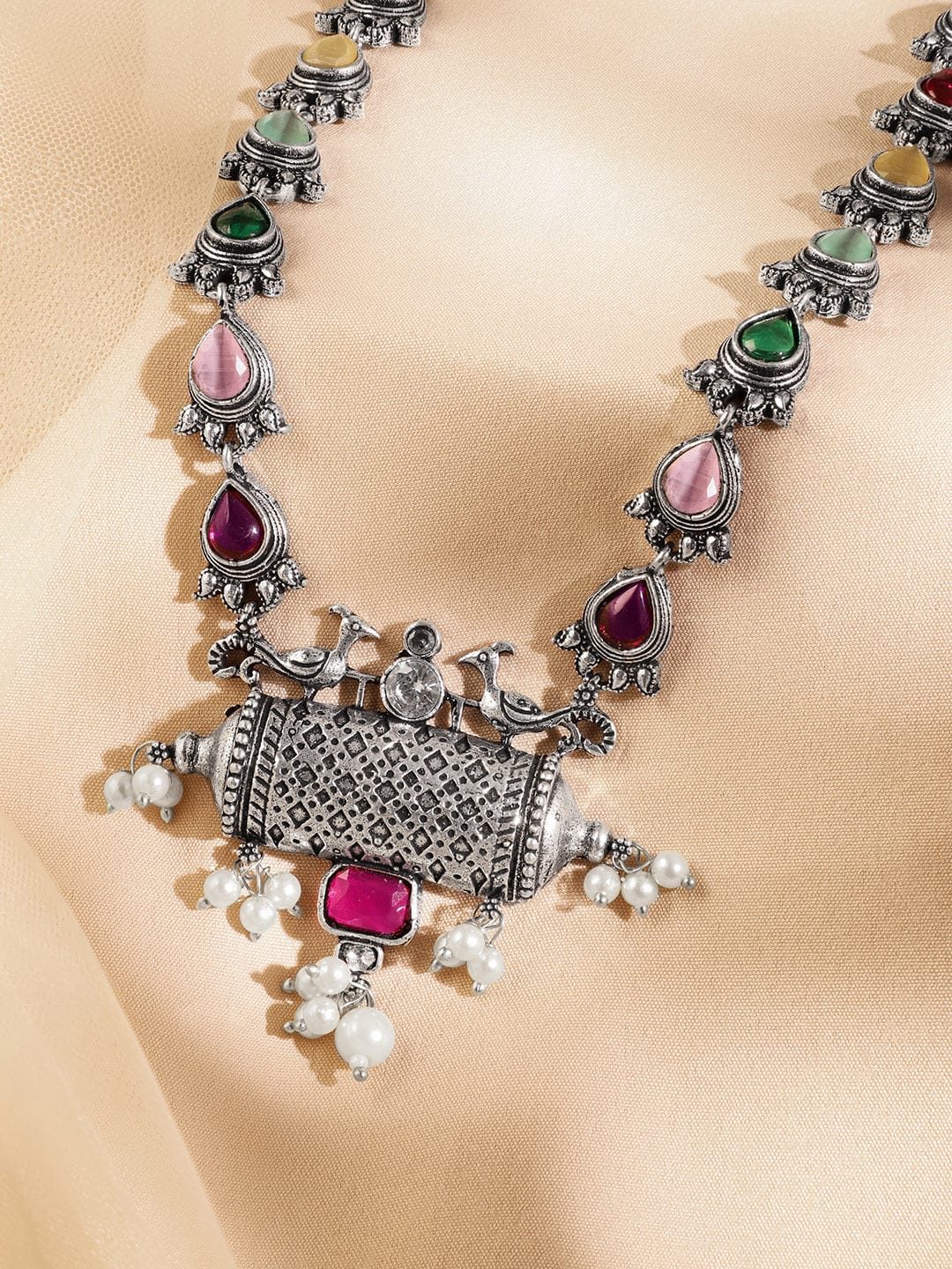 Rubans Oxidized Silver-Plated Multicolor Stone & Pearl Beaded Tribal Motif Necklace for Women Necklace & Chains