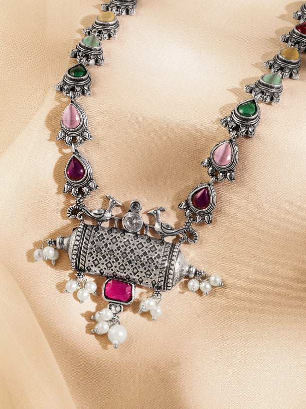 Rubans Oxidized Silver-Plated Multicolor Stone & Pearl Beaded Tribal Motif Necklace for Women Necklace & Chains