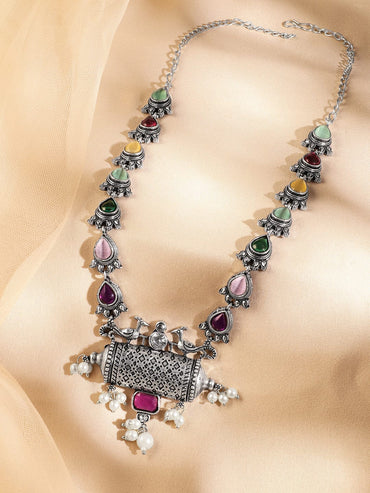 Rubans Oxidized Silver-Plated Multicolor Stone & Pearl Beaded Tribal Motif Necklace for Women Necklace & Chains