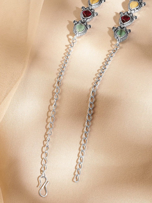 Rubans Oxidized Silver-Plated Multicolor Stone & Pearl Beaded Tribal Motif Necklace for Women Necklace & Chains