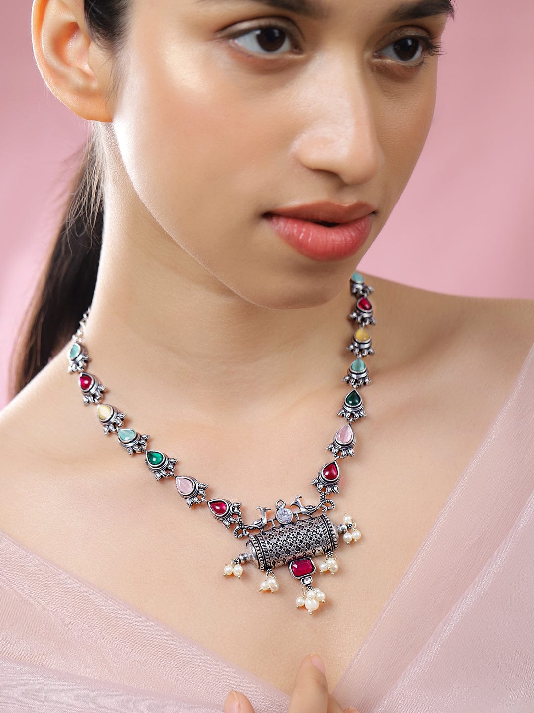 Rubans Oxidized Silver-Plated Multicolor Stone & Pearl Beaded Tribal Motif Necklace for Women Necklace & Chains