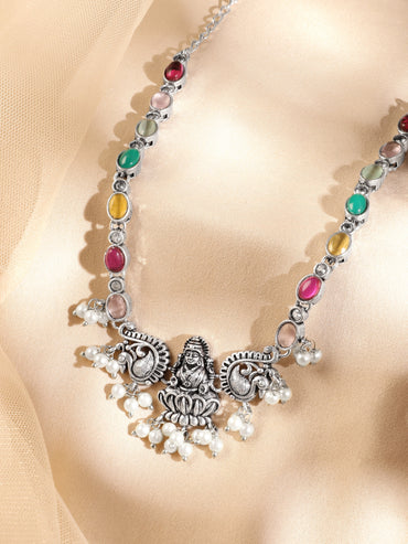 Rubans Oxidized Silver-Plated Multicolor Stone Studded Divine Lakshmi Motif Necklace with Pearl Accents Necklace and Chains