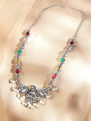 Rubans Oxidized Silver-Plated Multicolor Stone Studded Divine Lakshmi Motif Necklace with Pearl Accents Necklace & Chains