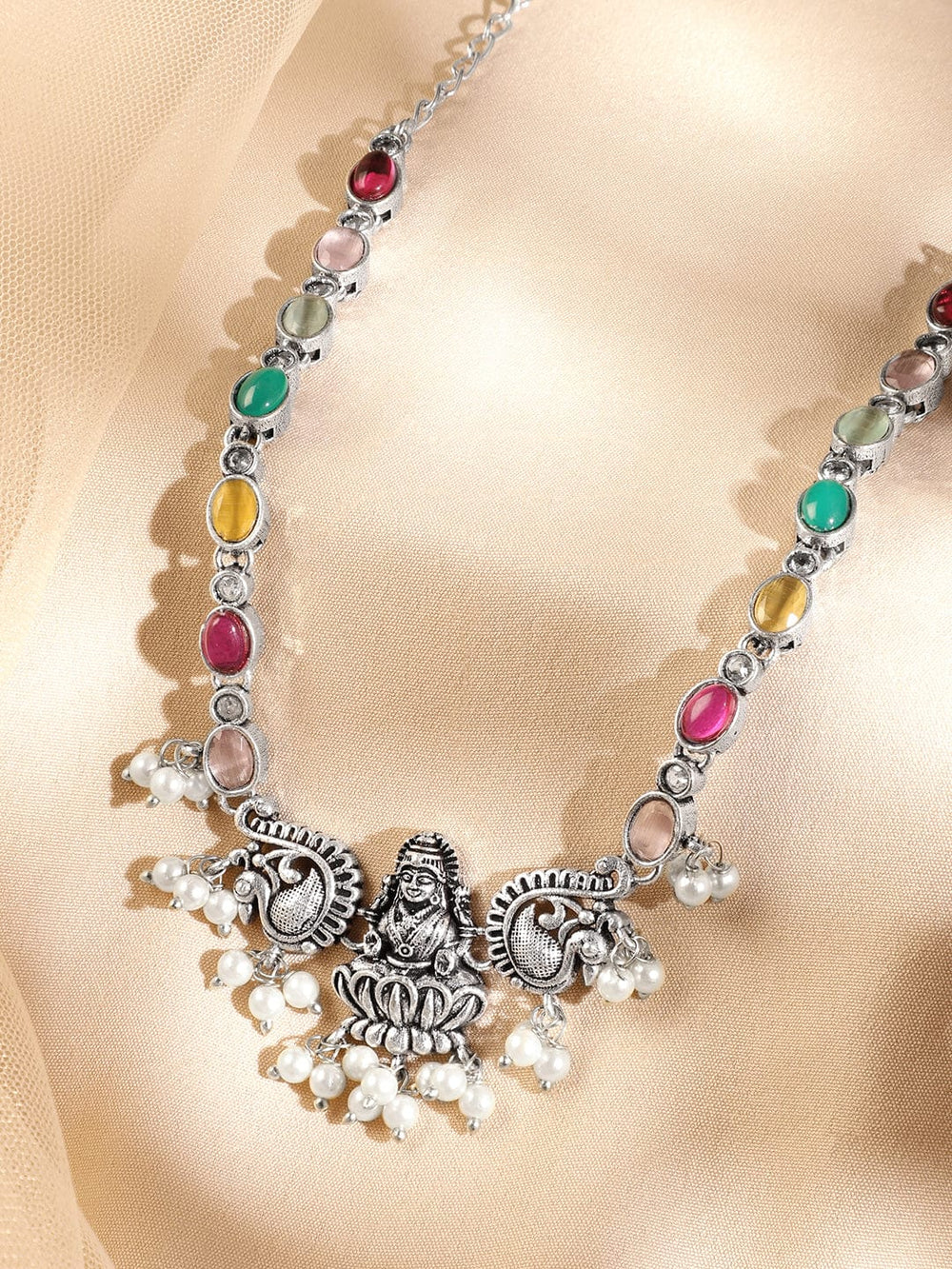 Rubans Oxidized Silver-Plated Multicolor Stone Studded Divine Lakshmi Motif Necklace with Pearl Accents Necklace & Chains
