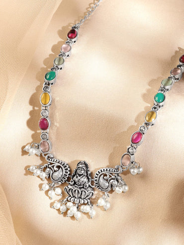 Rubans Oxidized Silver-Plated Multicolor Stone Studded Divine Lakshmi Motif Necklace with Pearl Accents Necklace & Chains