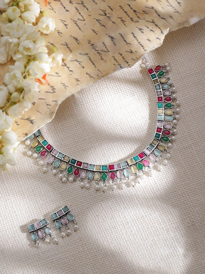 Rubans Oxidized Silver-Plated Multicolor Stone Studded with Pearl Beads Jewellery Set Jewellery Set