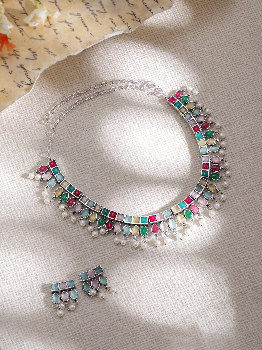 Rubans Oxidized Silver-Plated Multicolor Stone Studded with Pearl Beads Jewellery Set Jewellery Set