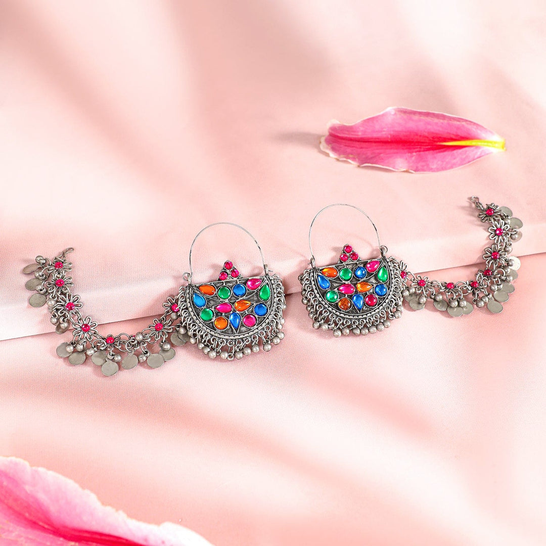 Rubans Oxidized Silver-Plated Multicolored Enamel Chandbali Earrings with Attached Ear Chain Chandbali Earrings