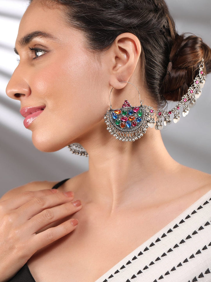 Rubans Oxidized Silver-Plated Multicolored Enamel Chandbali Earrings with Attached Ear Chain Chandbali Earrings