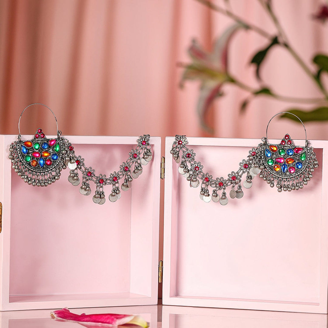 Rubans Oxidized Silver-Plated Multicolored Enamel Chandbali Earrings with Attached Ear Chain Chandbali Earrings