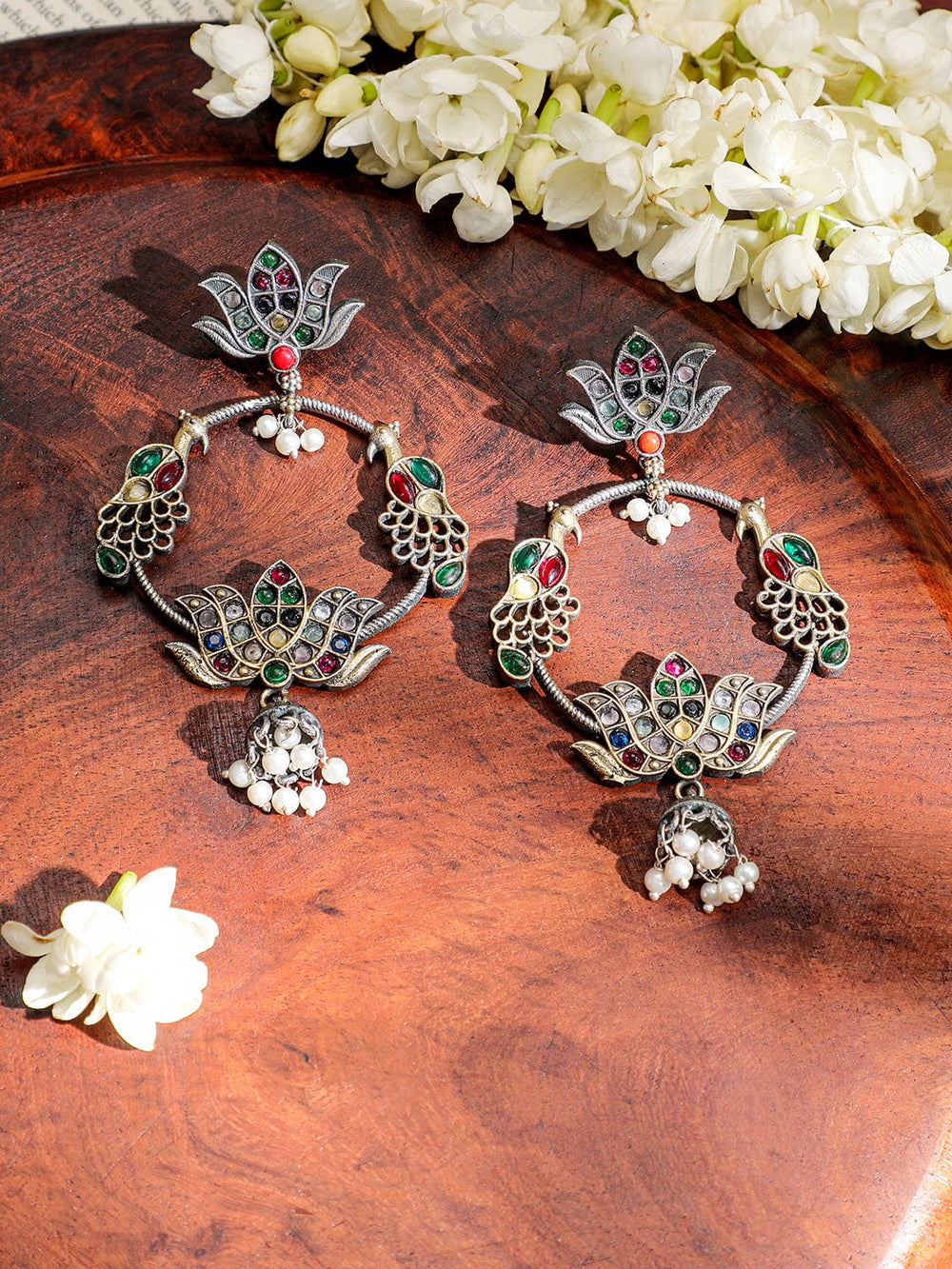 Rubans Oxidized Silver-Plated Multicolored Lotus Motif Hoop Earrings with Pearl Beads Hoop Earrings