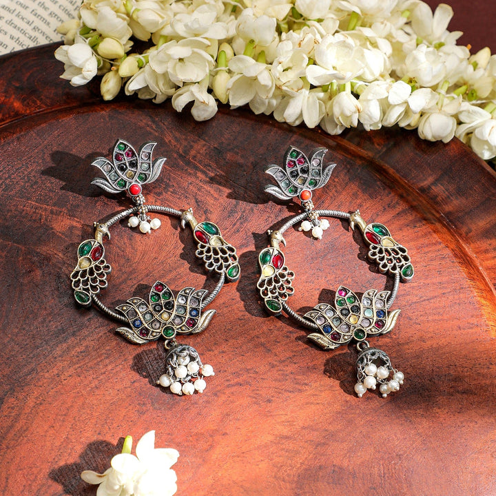 Rubans Oxidized Silver-Plated Multicolored Lotus Motif Hoop Earrings with Pearl Beads Hoop Earrings